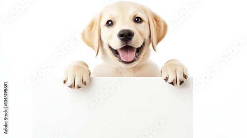 A cute, smiling puppy perched on top of a blank white board, paws hanging over the edge, against a clean white background. Perfect for adding text or design.