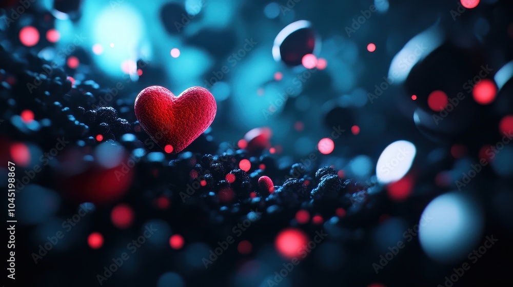 A vivid macro shot showcases a plush red heart on a black surface, surrounded by a dreamy background with floating red and blue bubbles. Perfect for themes of love and romance. A vivid macro shot showcases a plush red heart on a black surface, surrounded by a dreamy background with floating red and blue bubbles. Perfect for themes of love and romance.