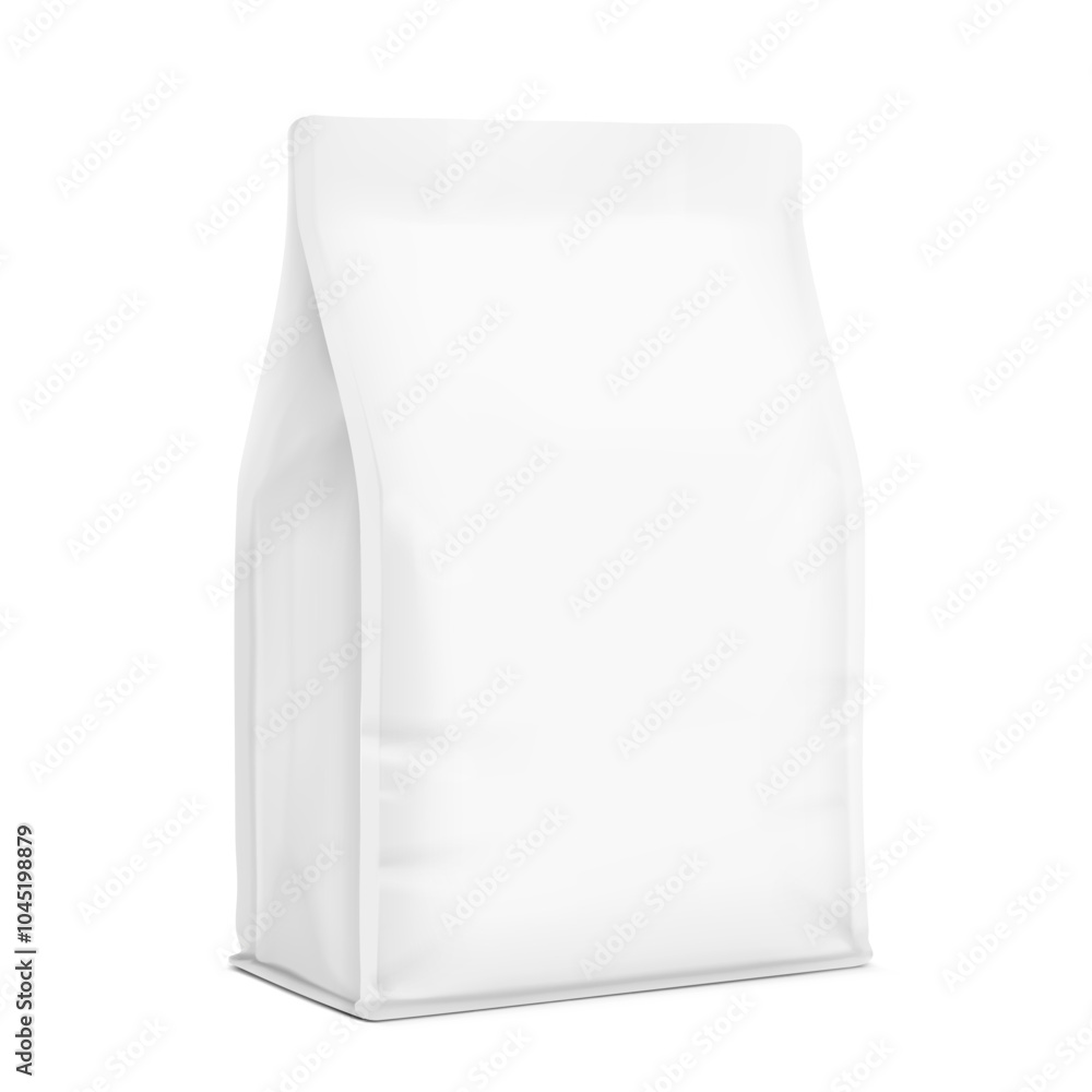 Realistic quad seal bag with flat bottom mockup. Vector illustration isolated on white background. Perfect for easy customisation and editing your graphics on a mockup. EPS10. Realistic quad seal bag with flat bottom mockup. Vector illustration isolated on white background. Perfect for easy customisation and editing your graphics on a mockup. EPS10.