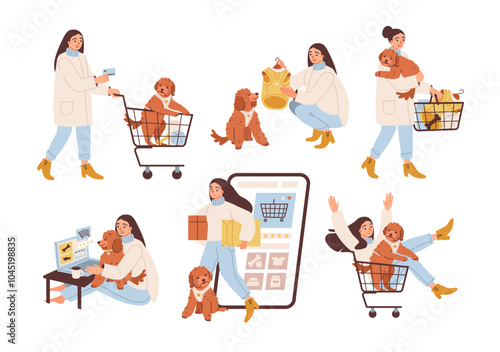 Woman shopping with dog in a store. Shopper and pet buying clothes and accessories. Pet care, retail activities, and pets and owners. Flat illustration
