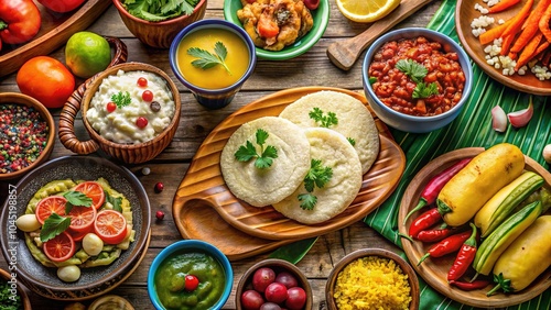 **Aerial View of Colorful Arepas and Hispanic Food**