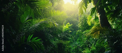 Lush green foliage in a tropical rainforest with sunlight peeking through the leaves.