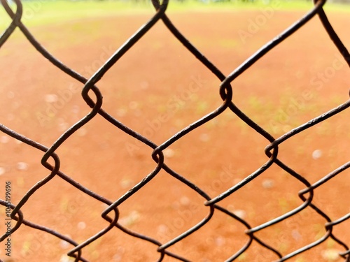 A close-up of a chain-link fence in focus with a blurred view of a dirt field behind it, highlighting the texture of the wire.