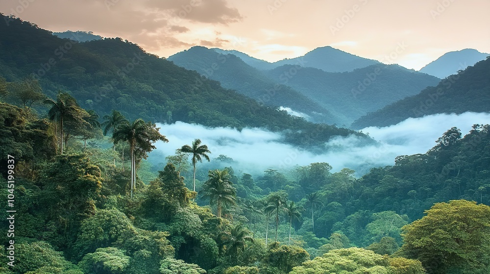 Obraz premium Beautiful sunrise in rain forest, humid clouds, panoramic view. Travel and nature concept