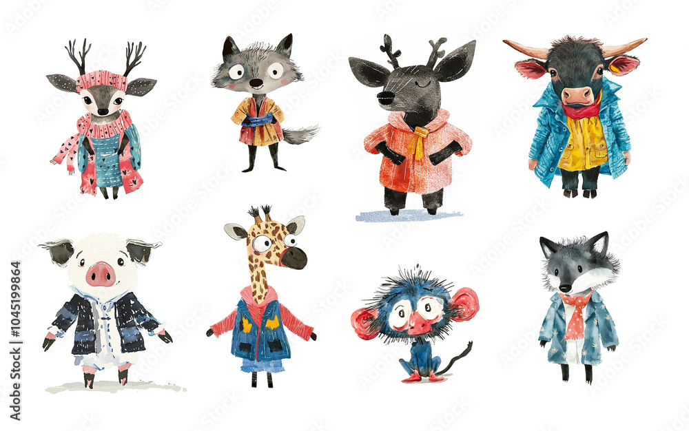 Naklejka premium A set of watercolor illustrations of cute baby animals wearing warm winter clothes. A collection of zoo animal cubs isolated on white. AI-generated clip art