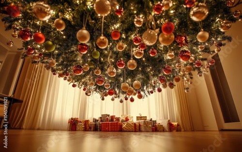 Upside-Down Christmas Tree: A striking and unique tree hanging upside down from the ceiling, with ornaments cascading down its branches.