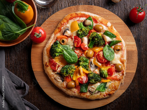 A wooden board holds a vegan pizza topped with vibrant vegetables and a creamy plant-based cheese sauce, showcasing a crispy crust ai.