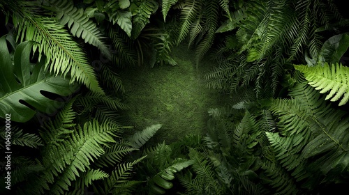 Lush green tropical foliage creates a circular frame around a dark green background, providing a natural, organic design element.