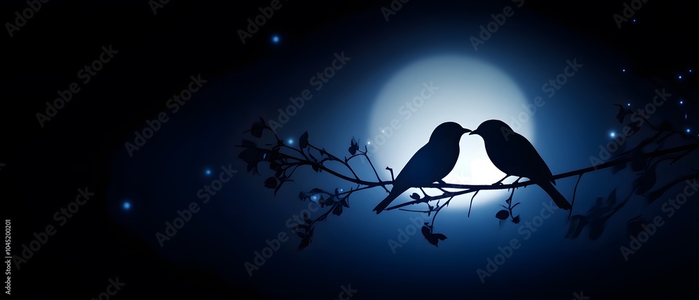 Fototapeta premium Birds Silhouettes Against Glowing Moonlight
