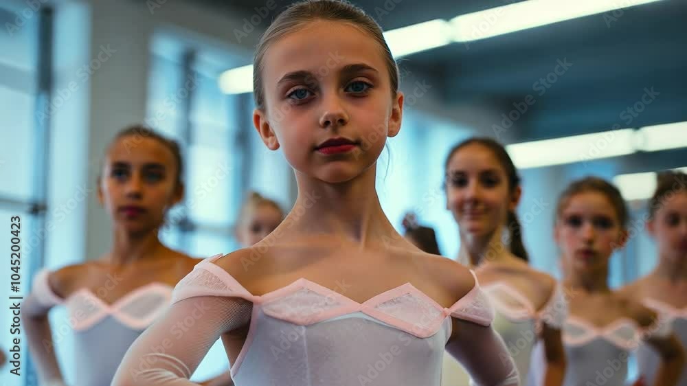 Group of young girls are dressed in white and pink costumes, posing for ...