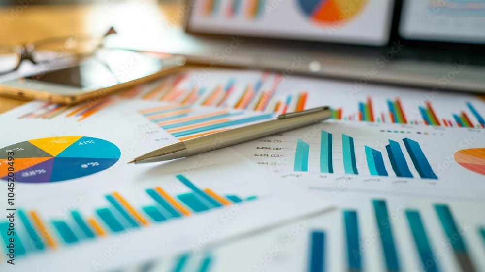 Close-up of a pen resting on financial charts and graphs. Close-up of a pen resting on financial charts and graphs.