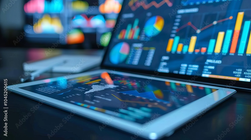Laptop and tablet displaying colorful charts and graphs for data analysis and business strategy. Laptop and tablet displaying colorful charts and graphs for data analysis and business strategy.