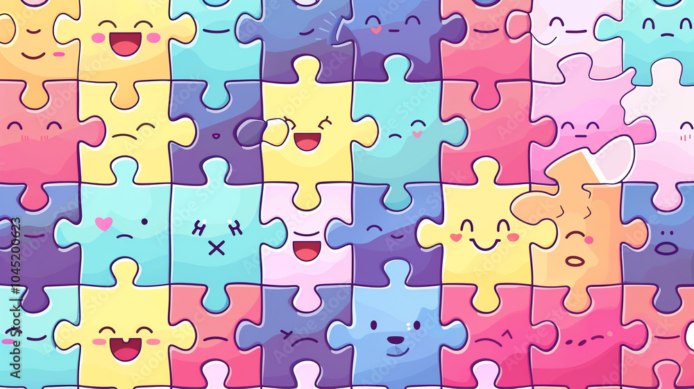 A Fun and Cute Puzzle of Bright Cartoon Pieces with Kawaii Faces, Smiling Together in an Abstract, Playful World A Fun and Cute Puzzle of Bright Cartoon Pieces with Kawaii Faces, Smiling Together in an Abstract, Playful World