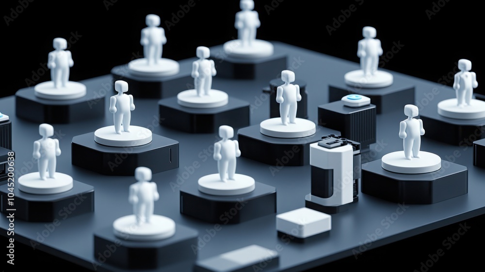 Efficient robot factory with sleek assembly stations creating humanoid figures using minimalist design principles. Efficient robot factory with sleek assembly stations creating humanoid figures using minimalist design principles.
