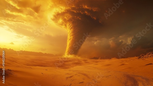 A massive dust devil forms in a desert at sunset, creating a swirling vortex of sand and dust against a backdrop of fiery orange clouds.