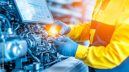 Engineer maintaining and controlling factory automatised production line  photo