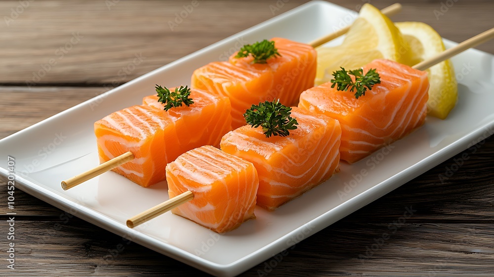 Deliciously grilled salmon skewers with fresh lemon garnish perfect for a healthy meal or appetizer Deliciously grilled salmon skewers with fresh lemon garnish perfect for a healthy meal or appetizer
