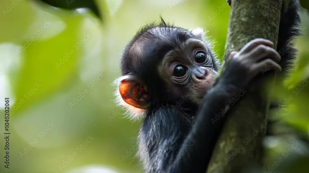 A young chimpanzee clings to a tree branch in a lush, green environment. A young chimpanzee clings to a tree branch in a lush, green environment.
