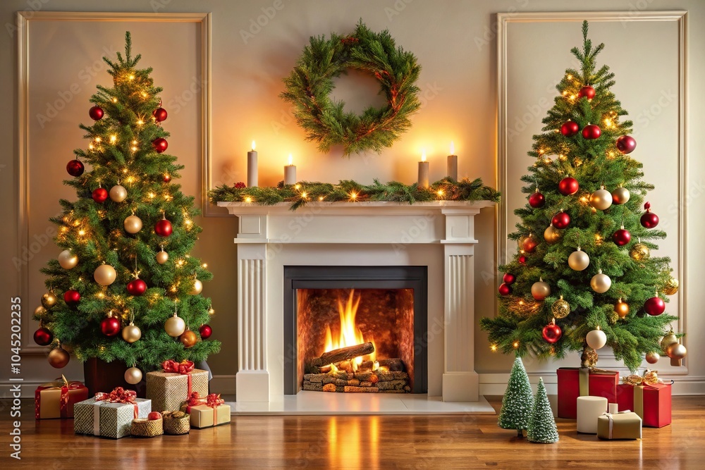 festive Christmas fireplace with tree and decorations festive Christmas fireplace with tree and decorations