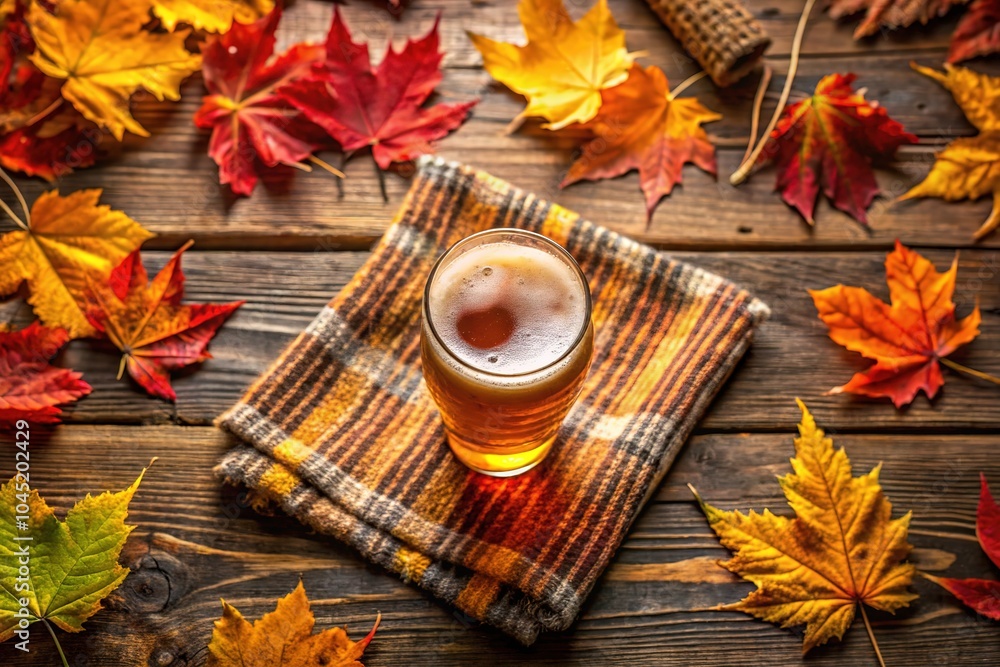 Autumnal Beer: Cozy Drone Photography with Rustic Table and Vibrant Leaves Autumnal Beer: Cozy Drone Photography with Rustic Table and Vibrant Leaves