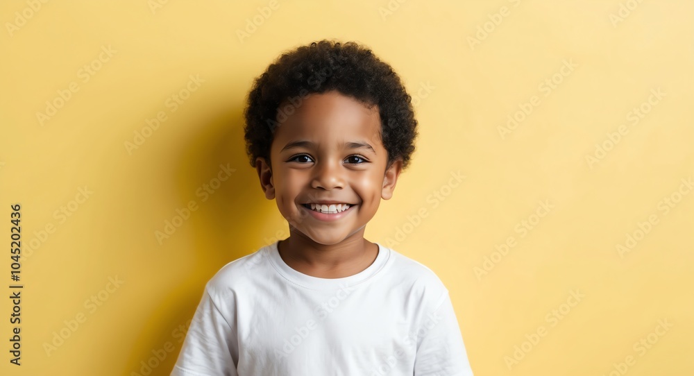 mixed race kid boy yellow background wearing plain white tshirt smiling happy portrait mixed race kid boy yellow background wearing plain white tshirt smiling happy portrait