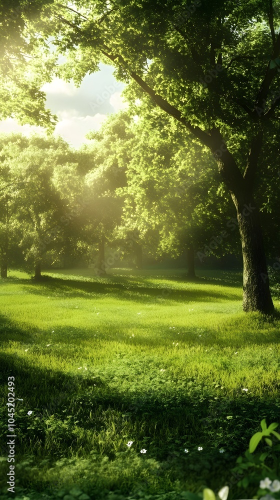 Serene Landscape with Lush Green Trees and Soft Light
