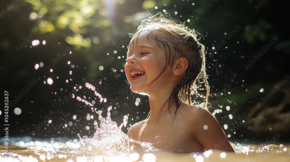Happy Girl Playing in Shallow Water Splashing Joyfully Happy Girl Playing in Shallow Water Splashing Joyfully