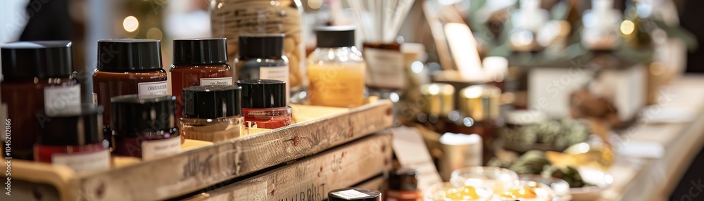 A rustic display of handmade cosmetics in glass jars and bottles on a wooden shelf. Natural ingredients and warm lighting create a cozy, inviting atmosphere for self-care products. A rustic display of handmade cosmetics in glass jars and bottles on a wooden shelf. Natural ingredients and warm lighting create a cozy, inviting atmosphere for self-care products.