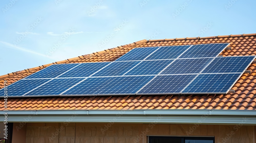 Renewable energy solutions featuring solar panels on a house roof under a clear blue sky with copy space Renewable energy solutions featuring solar panels on a house roof under a clear blue sky with copy space