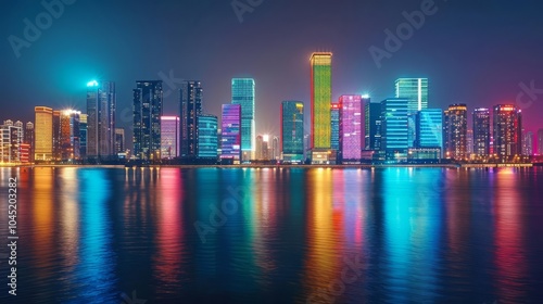 Night cityscape with colorful lights reflecting on water