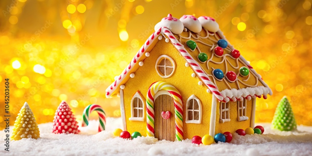 festive gingerbread yellow house with candy canes in candy land for holiday decor low angle view festive gingerbread yellow house with candy canes in candy land for holiday decor low angle view