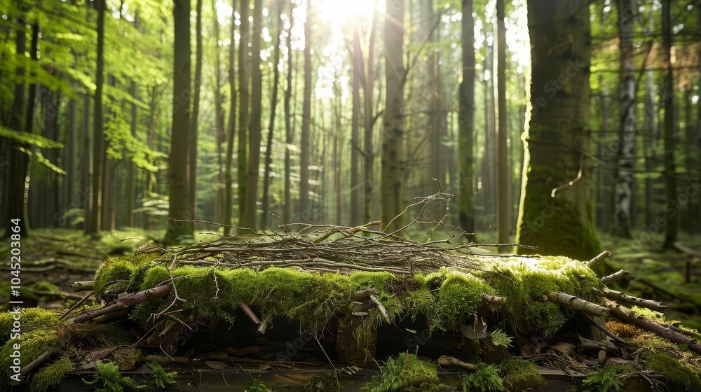 Obraz premium Sunlight streams through the canopy of a lush forest, illuminating the mossy forest floor.