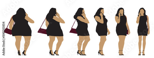 Conceptual fat overweight obese female vs slim fit healthy body after weight loss or diet on white background banner. A  fitness, nutrition or obesity, health shape illustration vector as silhouettes