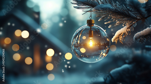 雪の積もった松の枝からぶら下がっている透明なガラスのクリスマスオーナメント