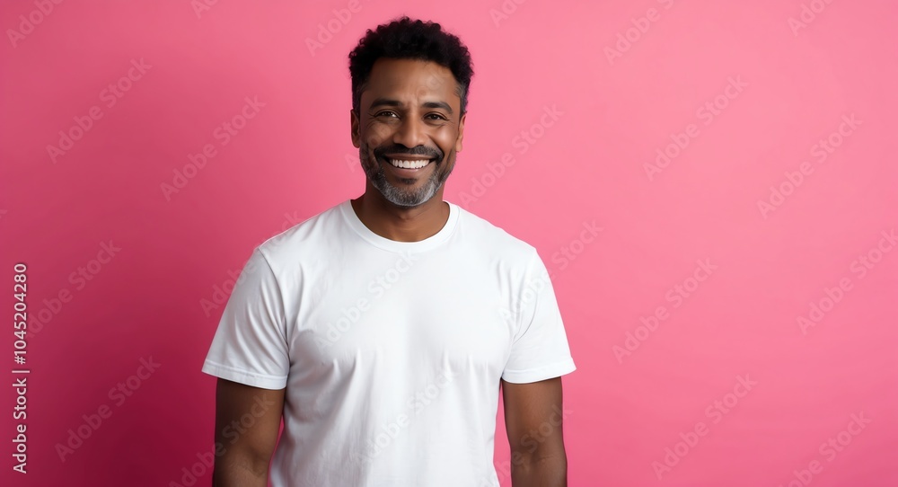 mixed race mature guy pink background wearing plain white tshirt smiling happy portrait mixed race mature guy pink background wearing plain white tshirt smiling happy portrait