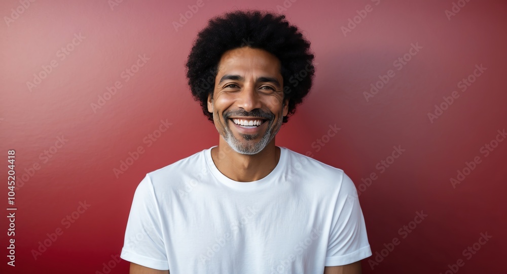 mixed race mature guy red background wearing plain white tshirt smiling happy portrait mixed race mature guy red background wearing plain white tshirt smiling happy portrait