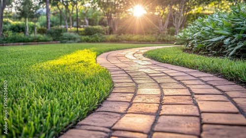 Serene Brick Pathway in Picturesque Garden Setting