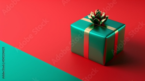 3D Elegant Gift Box with Green Wrap and Gold Ribbon. Christmas Theme.