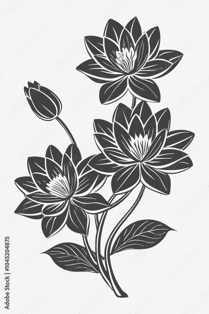 Obraz premium Water Lily Branch with Flowers Silhouette Vector Art for Creative Designs and Nature Inspired Projects