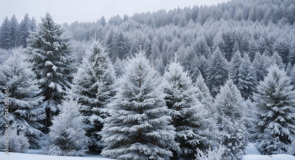Frosty snow covered trees background dense evergreen trees covered in a blanket of snow Frosty snow covered trees background dense evergreen trees covered in a blanket of snow