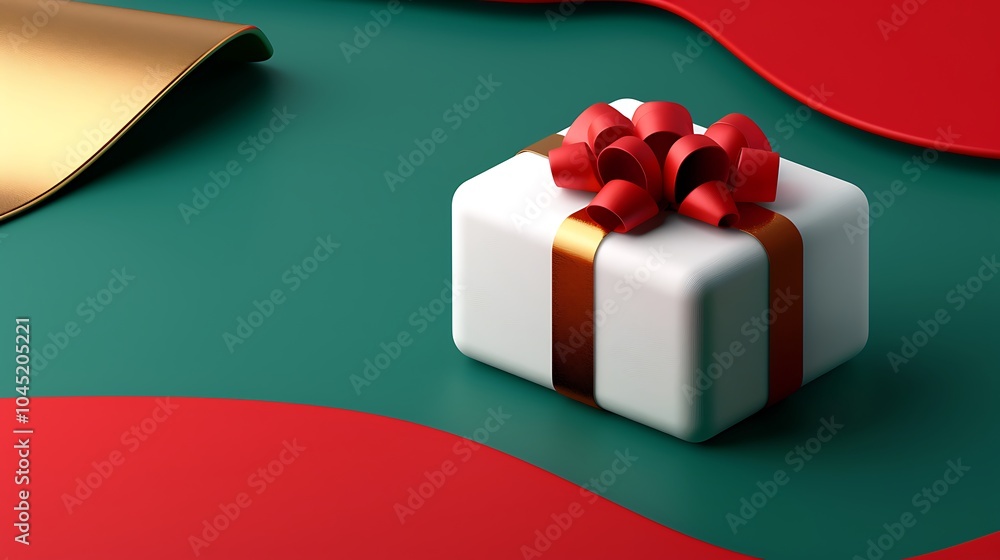 3D Elegant Gift Box with Red Ribbon on Green and Red Background. Christmas Theme. 3D Elegant Gift Box with Red Ribbon on Green and Red Background. Christmas Theme.