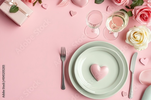 Special Valentine's Day dinner affair. Top view shot of plates, cutlery, hearts, roses, white wine, wine glass, present box on pastel pink background withgenerative ai photo