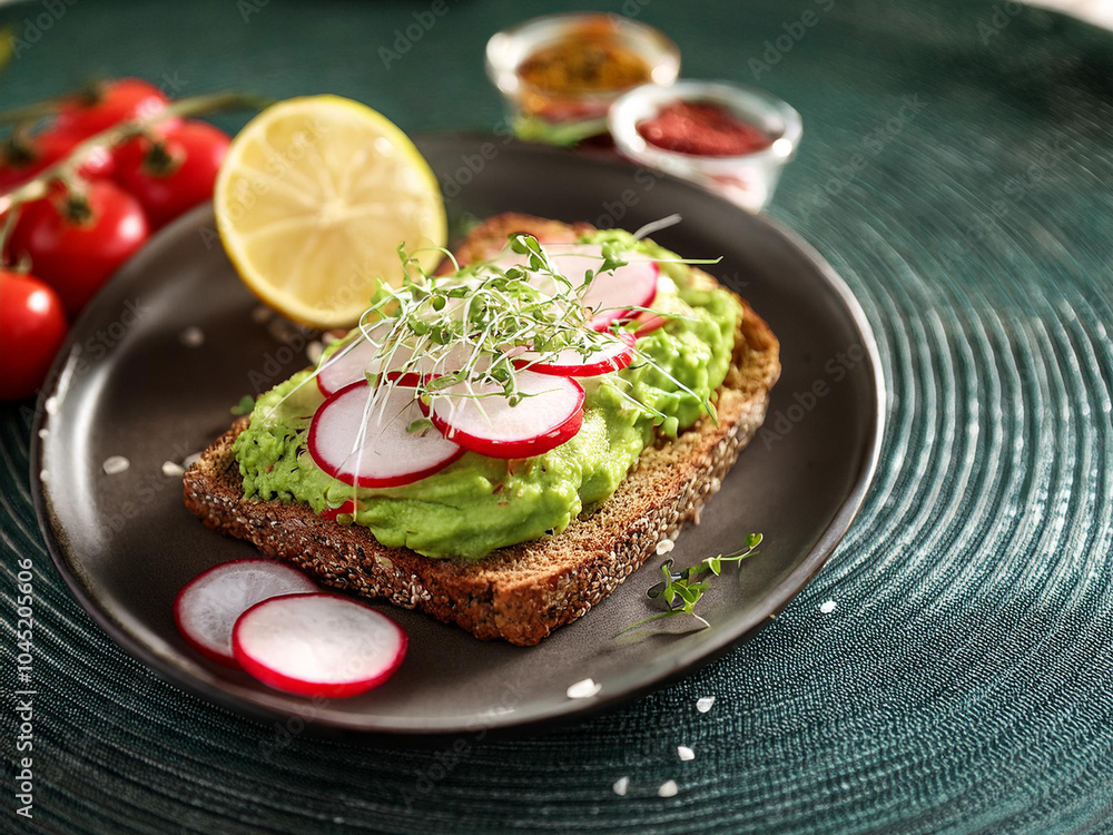 Avocado toast topped with radishes and microgreens, served with cherry tomatoes and a lemon wedge for a fresh touch ai. Avocado toast topped with radishes and microgreens, served with cherry tomatoes and a lemon wedge for a fresh touch ai.