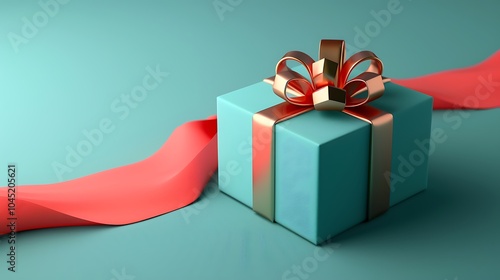 Wallpaper Mural 3D Elegant Gift Box with Red Ribbon on Teal Background. Christmas Theme. Torontodigital.ca