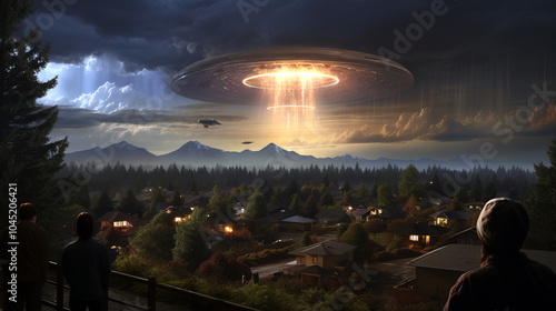 UFO sighting over a suburban neighborhood, with astonished residents gazing up at the mysterious craft. photo