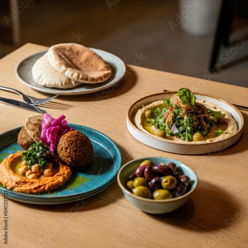 Light wooden or marble table with plates of Mediterranean dishes: pita, hummus, falafel, olives