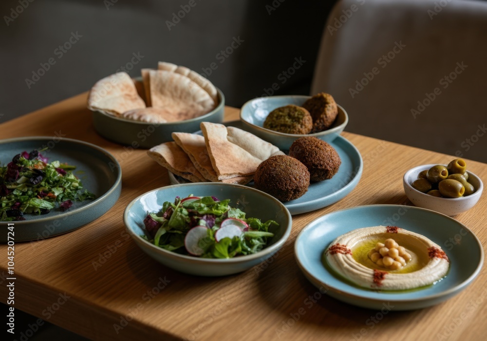 Light wooden or marble table with plates of Mediterranean dishes: pita, hummus, falafel, olives Light wooden or marble table with plates of Mediterranean dishes: pita, hummus, falafel, olives