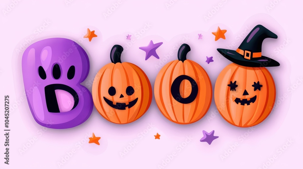 Fototapeta premium A playful Halloween digital illustration features BOO in vibrant pumpkins with whimsical faces, a cute purple ghost, and a witch hat, all set against a pastel pink background with stars.