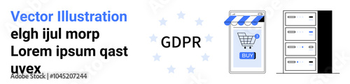 E-commerce concept focusing on GDPR compliance showing a shopping cart on a smartphone, data servers, and GDPR text. Ideal for e-commerce, data security, privacy, compliance, and online shopping