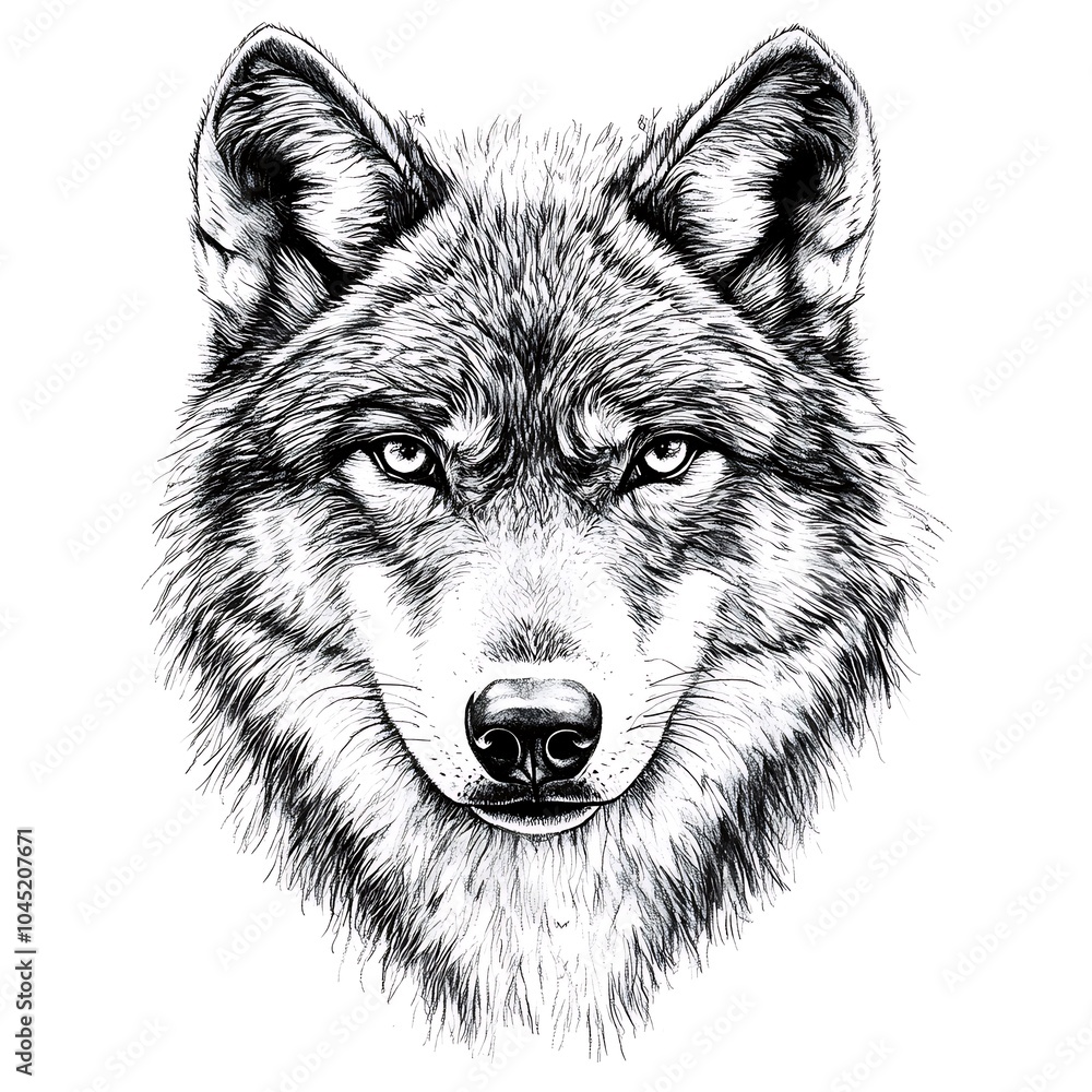 A detailed black and white sketch of a wolf's head. A detailed black and white sketch of a wolf's head.
